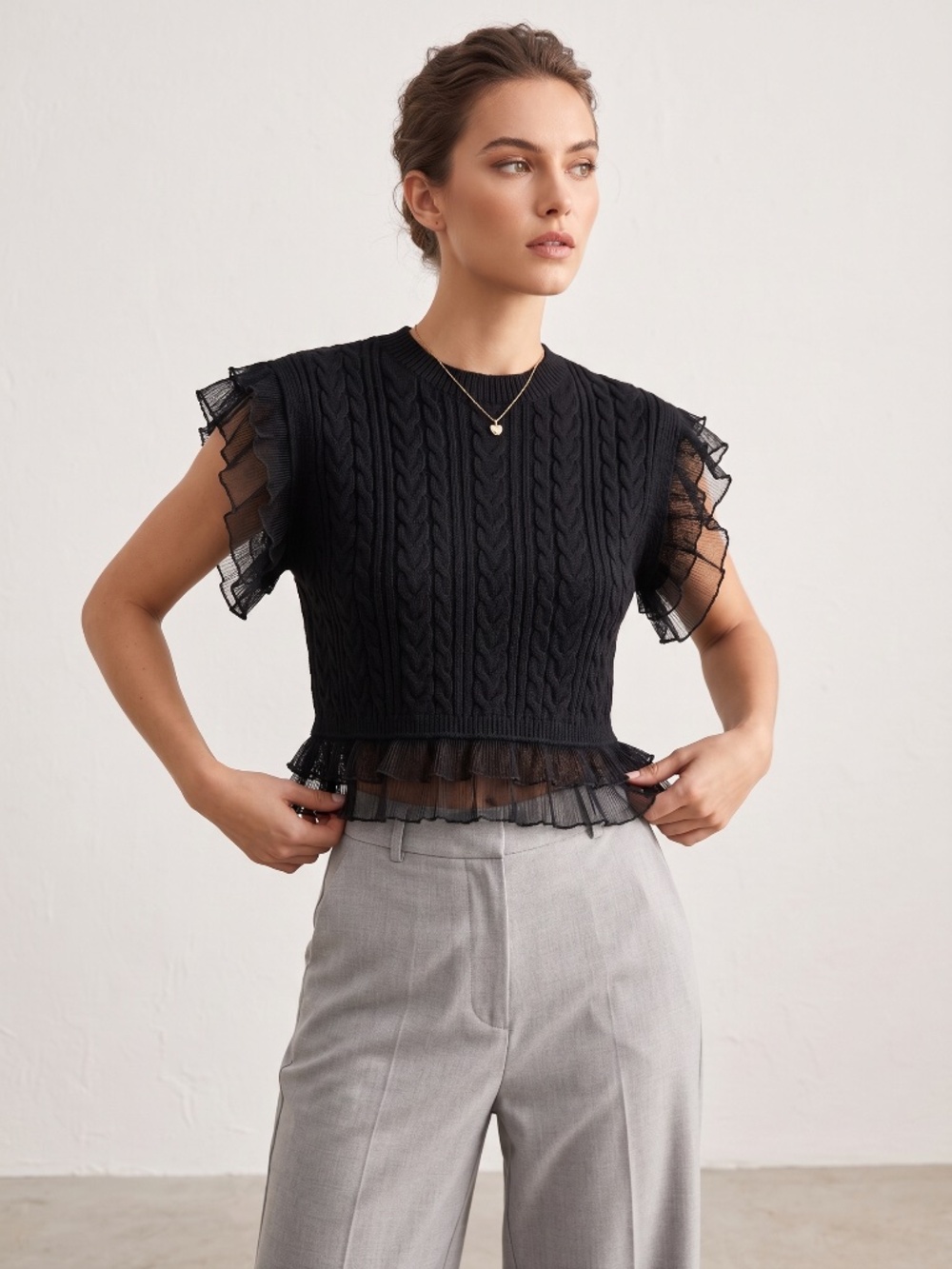NWT Zara Black Cable Knit Short Sleeve Top Ruffle Mesh Hem -- Medium